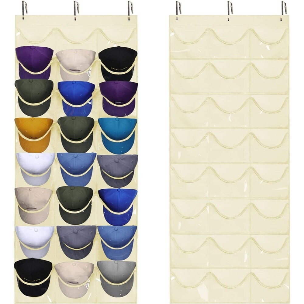 Hat Rack - Hat Organizer for Wall Door with 3 Hooks, 24 Deep Pockets (Beige, L)